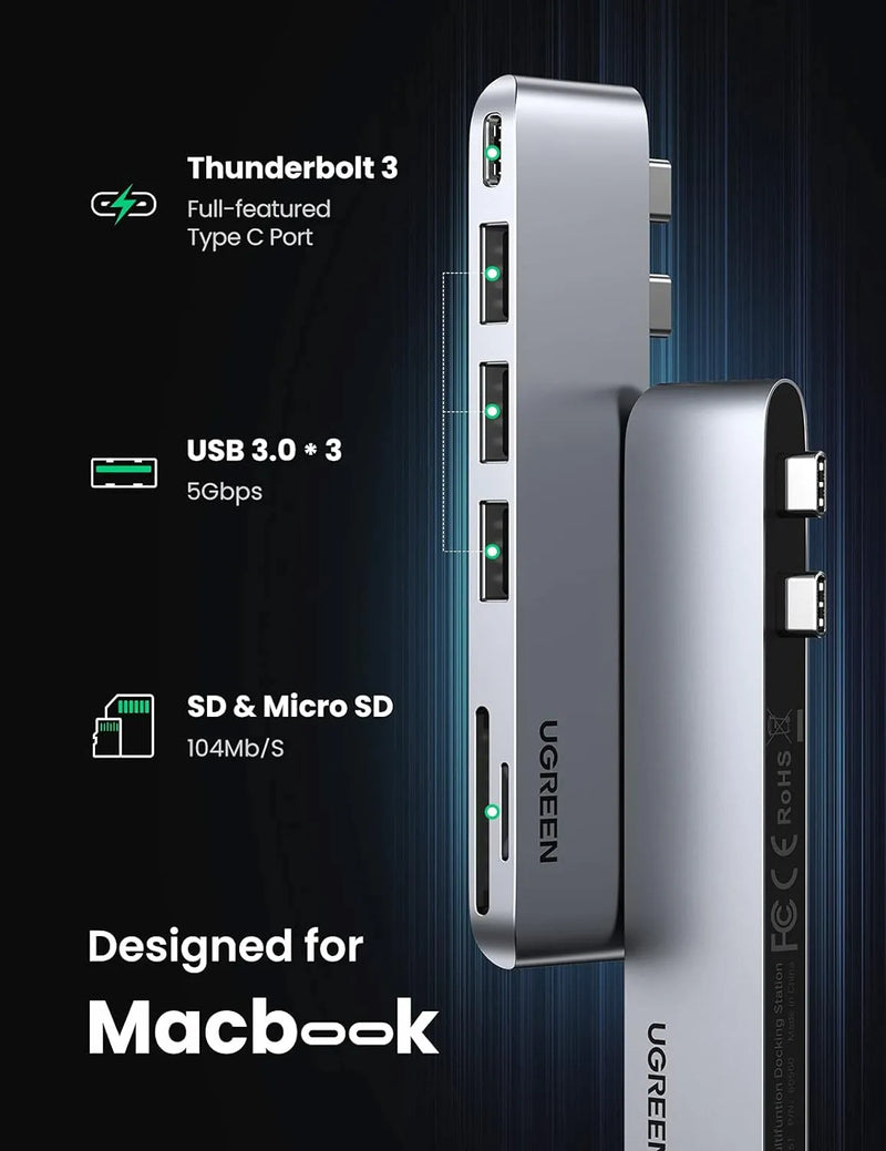 Adaptador Multipuerto UGREEN 60560 6 en 2: Thunderbolt 3, PD 100W y Aluminio Premium