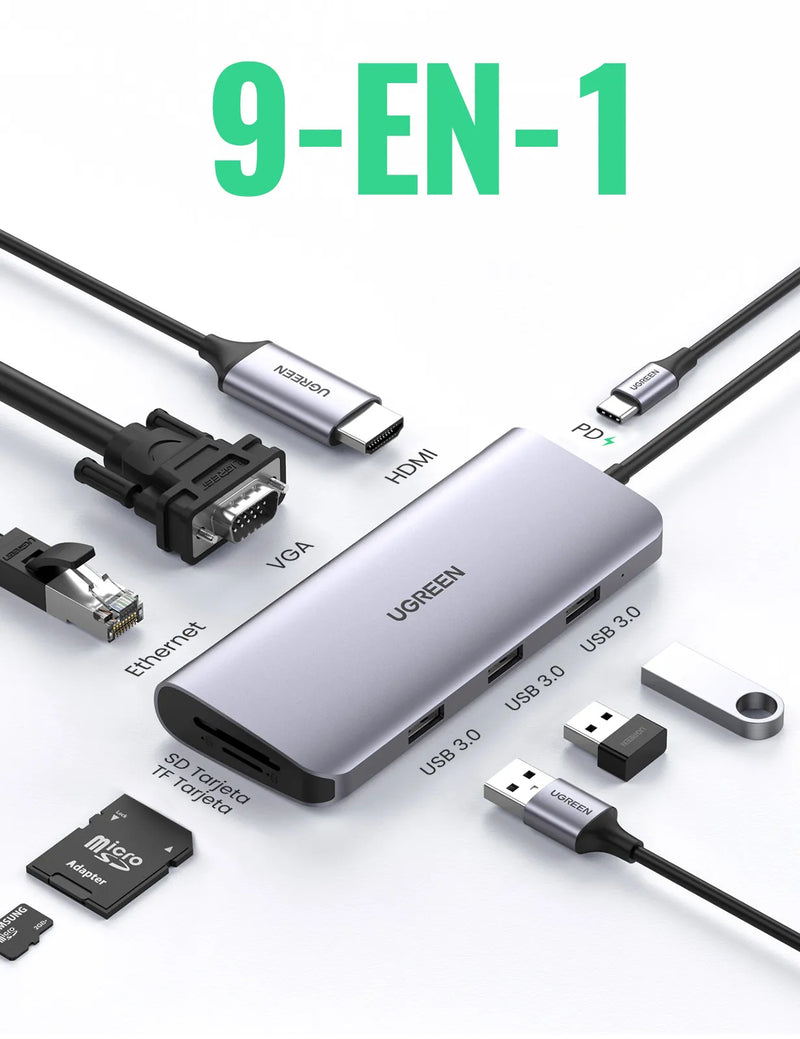 Adaptador Multipuerto UGREEN 9 en 1: HDMI 4K, Red Gigabit y PD de 100W