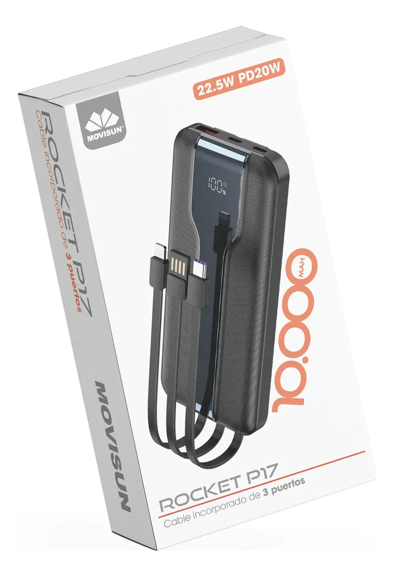 Power Bank Movisun Rocket P17: 10.000 mAh, Carga Turbo 22.5W y Cables Integrados