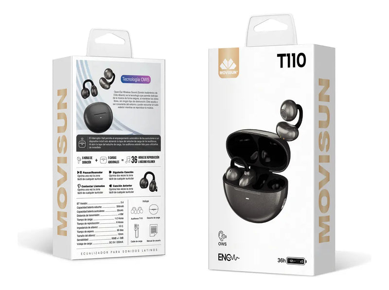 Audífonos Inalámbricos Movisun T110: Diseño Free Clip (OWS), Bluetooth y 36h de Autonomía